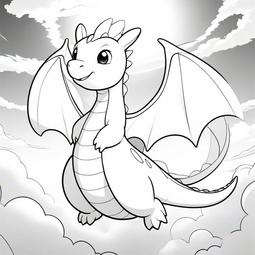 The 'Majestic Dragonite Soar' captures the essence of freedom and power, as Dragonite gracefully navigates the sky. This line drawing offers a unique opportunity to bring to life the majesty of Dragonite, appealing to fans who wish to explore the depth of their creativity through coloring.