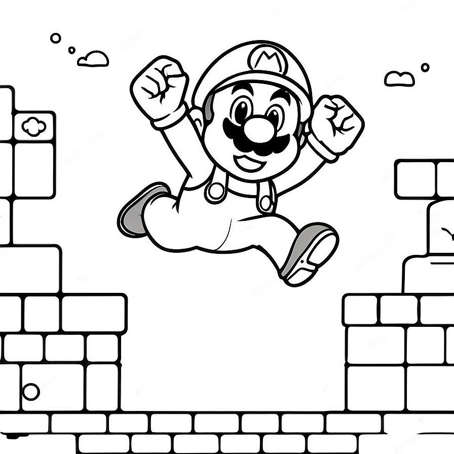 'Mario's Adventure' brings to life the thrilling moment of Mario leaping towards a question mark block, a scene that encapsulates the essence of his quest. Ideal for fans to personalize with their imaginative coloring.