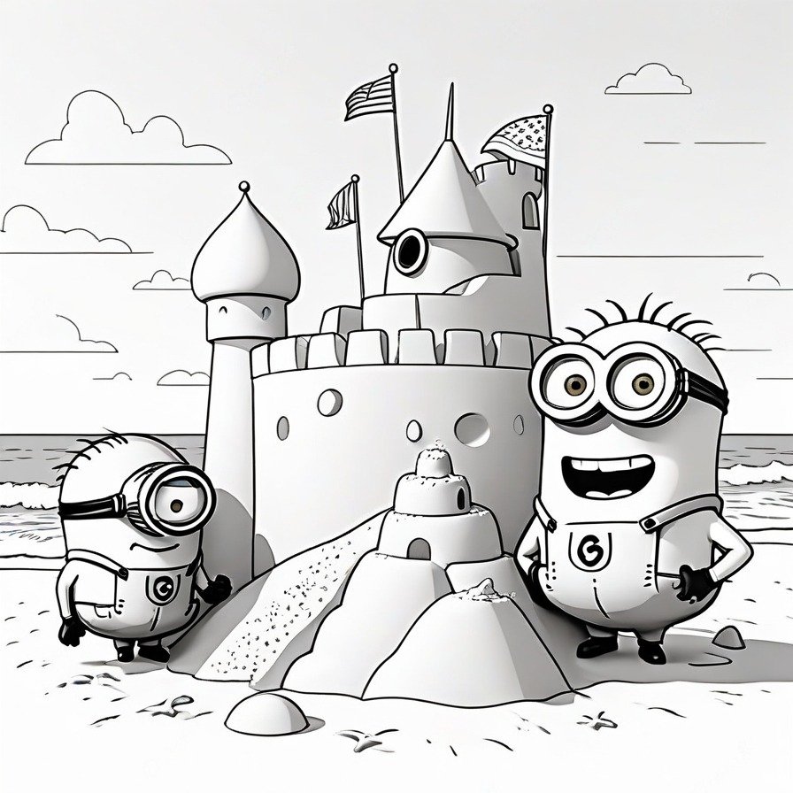 'Minion Mayhem at the Beach' captures the essence of Minion-induced chaos in a light-hearted beach setting. As these beloved characters engage in the seemingly simple task of building a sandcastle, their antics unfold in a series of comical mishaps, inviting laughter and delight. This scene is a testament to the Minions' unmatched ability to turn ordinary activities into hilarious adventures. The minimal beach backdrop allows colorists to focus on the characters' expressive antics, making it an engaging and humorous coloring page. Perfect for fans of all ages, this entry combines the joy of coloring with the playful spirit of the Minions, offering a delightful escape into their whimsical world.
