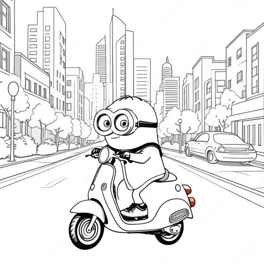 'Minion's Day Out' encapsulates the joy and excitement of exploring the city on a scooter. The depicted Minion, with an expression of unbridled joy, brings to life the thrill of an adventure in the urban landscape. This coloring page invites enthusiasts to immerse themselves in the Minions' world, emphasizing the sense of freedom and fun that comes with a day out. The simplified backdrop of the city enhances the focus on the Minion's joyous ride, offering a delightful scene for coloring enthusiasts of all ages. It's a perfect blend of adventure and whimsy, capturing the essence of the Minions' adventurous spirit.