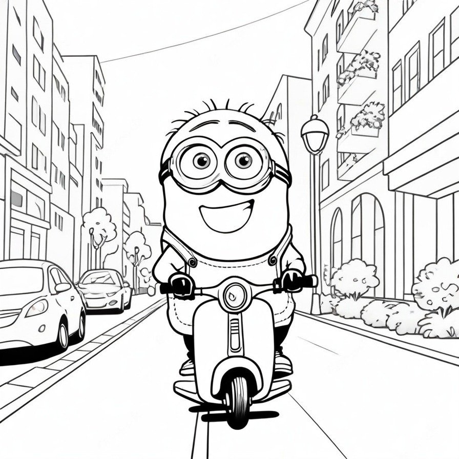 'Minion's Day Out' encapsulates the joy and excitement of exploring the city on a scooter. The depicted Minion, with an expression of unbridled joy, brings to life the thrill of an adventure in the urban landscape. This coloring page invites enthusiasts to immerse themselves in the Minions' world, emphasizing the sense of freedom and fun that comes with a day out. The simplified backdrop of the city enhances the focus on the Minion's joyous ride, offering a delightful scene for coloring enthusiasts of all ages. It's a perfect blend of adventure and whimsy, capturing the essence of the Minions' adventurous spirit.