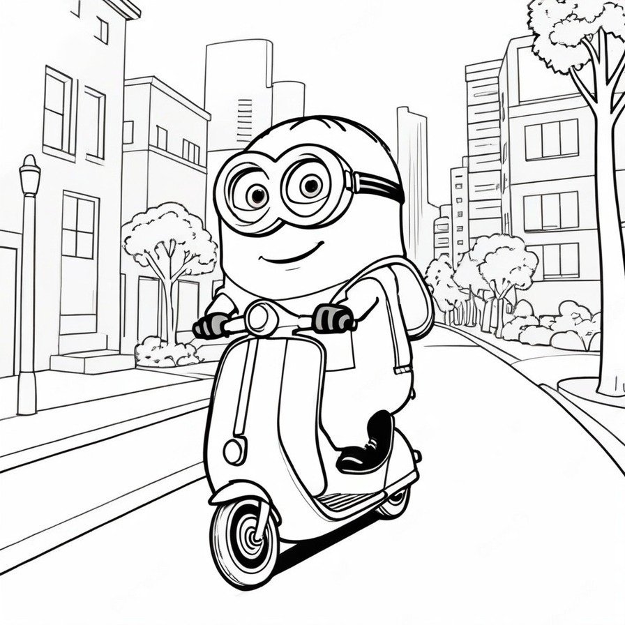 'Minion's Day Out' encapsulates the joy and excitement of exploring the city on a scooter. The depicted Minion, with an expression of unbridled joy, brings to life the thrill of an adventure in the urban landscape. This coloring page invites enthusiasts to immerse themselves in the Minions' world, emphasizing the sense of freedom and fun that comes with a day out. The simplified backdrop of the city enhances the focus on the Minion's joyous ride, offering a delightful scene for coloring enthusiasts of all ages. It's a perfect blend of adventure and whimsy, capturing the essence of the Minions' adventurous spirit.