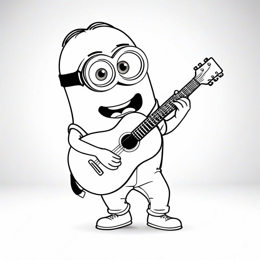 'Minion's Musical Moment' brings to life the universal language of music through the enthusiastic performance of a Minion. The depiction of the Minion, engrossed in playing the guitar, captures the essence of musical expression and the joy it brings. This coloring page is an invitation to explore the artistic side of the Minions, showcasing their ability to engage and express through music. The focus on the Minion's passion and rhythm offers a compelling scene for coloring, encouraging creativity and a connection to the musical theme. It's a celebration of the arts, making it an engaging choice for colorists who enjoy themes of music and passion.
