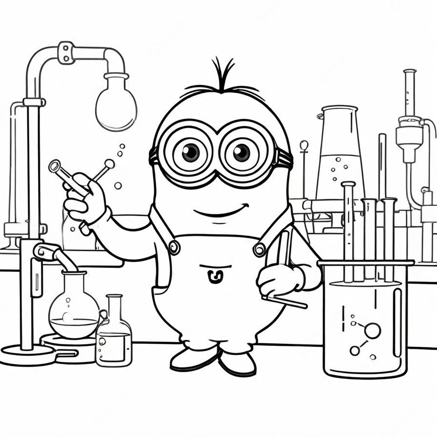 'Minion's Science Experiment' dives into the world of curiosity and potential chaos as a Minion embarks on a scientific adventure. The image of a Minion, equipped for science, in front of a beaker captures the balance between keen interest and the propensity for mischief that defines these characters. This coloring page is a nod to the exploratory and adventurous nature of the Minions, set in a laboratory context. It offers a humorous take on scientific discovery, inviting colorists to engage with the Minions' world of experiments and exploration. Perfect for those who appreciate the blend of humor and curiosity, this scene provides an amusing and creative coloring opportunity.