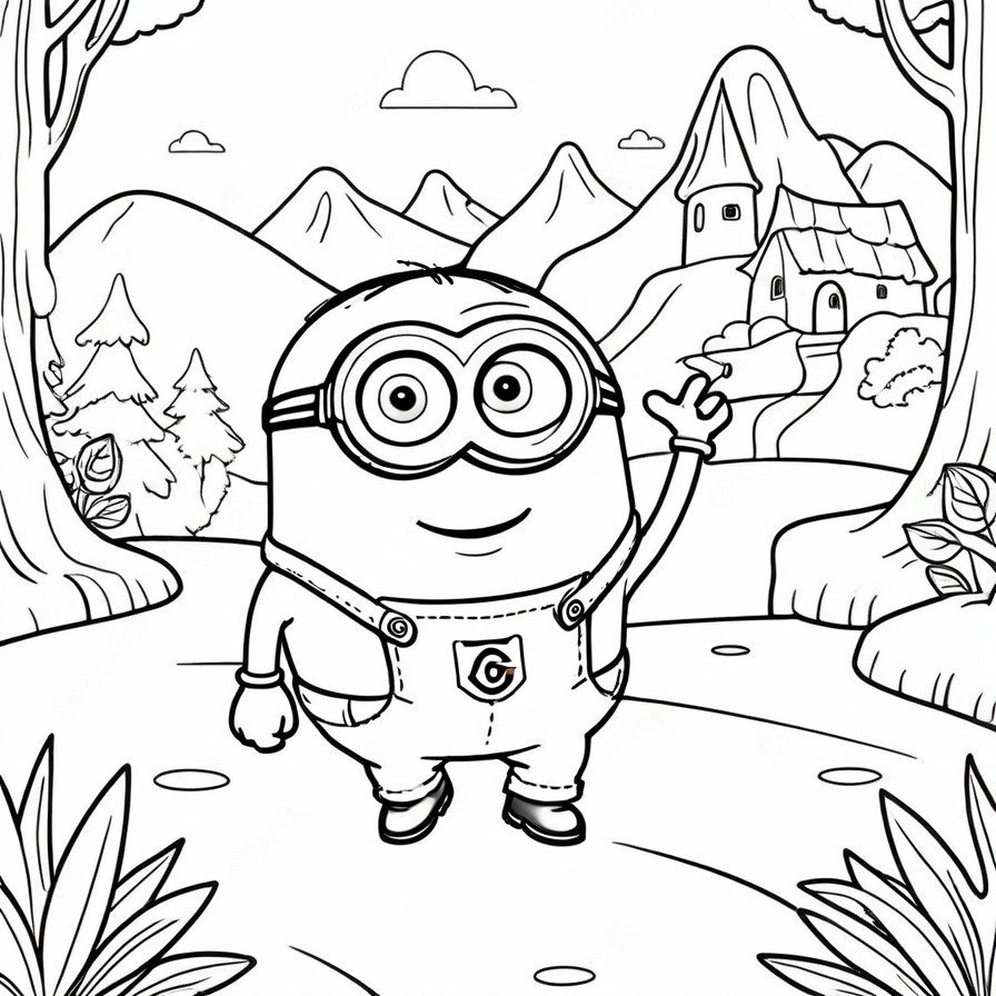 'Minion's Treasure Hunt' captures the essence of adventure and the thrill of the hunt as a Minion sets out in search of treasure. The combination of a map, magnifying glass, and the eager posture of the Minion evokes a sense of anticipation and excitement, inviting colorists into a world of exploration. This scene, set against a backdrop of a simplified outdoor landscape, focuses on the adventurous spirit of the Minions, making it an engaging coloring page. It offers a fun and creative outlet for fans, encouraging them to embark on their own coloring adventure alongside the Minions. Perfect for those who love stories of exploration and discovery, this entry provides a delightful challenge for colorists.