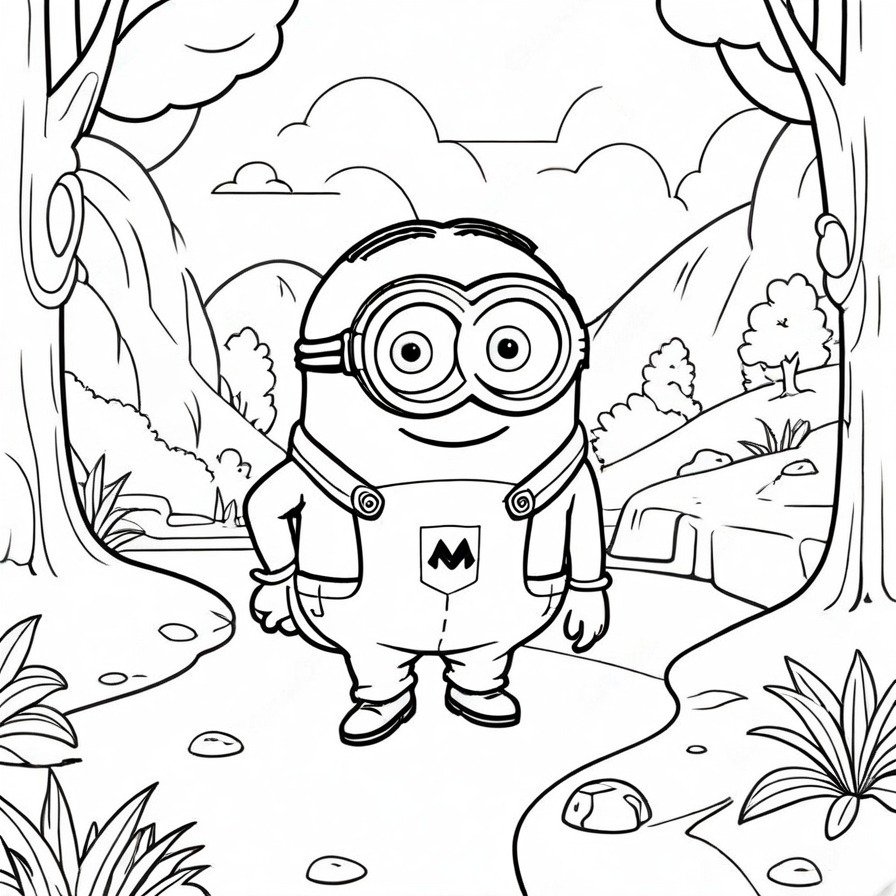 'Minion's Treasure Hunt' captures the essence of adventure and the thrill of the hunt as a Minion sets out in search of treasure. The combination of a map, magnifying glass, and the eager posture of the Minion evokes a sense of anticipation and excitement, inviting colorists into a world of exploration. This scene, set against a backdrop of a simplified outdoor landscape, focuses on the adventurous spirit of the Minions, making it an engaging coloring page. It offers a fun and creative outlet for fans, encouraging them to embark on their own coloring adventure alongside the Minions. Perfect for those who love stories of exploration and discovery, this entry provides a delightful challenge for colorists.