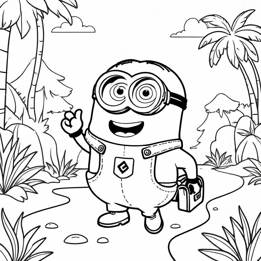 'Minion's Treasure Hunt' captures the essence of adventure and the thrill of the hunt as a Minion sets out in search of treasure. The combination of a map, magnifying glass, and the eager posture of the Minion evokes a sense of anticipation and excitement, inviting colorists into a world of exploration. This scene, set against a backdrop of a simplified outdoor landscape, focuses on the adventurous spirit of the Minions, making it an engaging coloring page. It offers a fun and creative outlet for fans, encouraging them to embark on their own coloring adventure alongside the Minions. Perfect for those who love stories of exploration and discovery, this entry provides a delightful challenge for colorists.