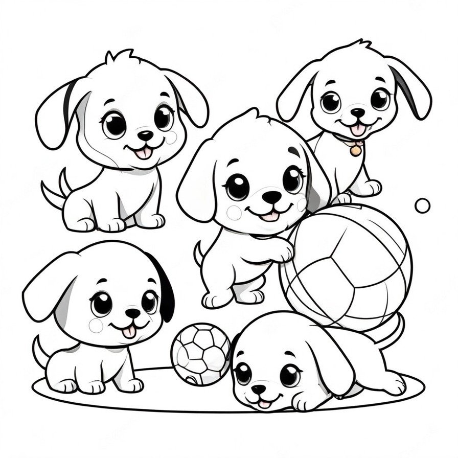 'Puppy Playtime' captures the essence of joy and playfulness through a scene of cute cartoon puppies engaging with a ball. Their varied expressions and dynamic poses invite viewers into a world of innocence and fun, where every moment is an adventure. This coloring page is designed to spark creativity and bring a smile to anyone who colors it, reflecting the simple pleasures of play. The focus on the puppies and their interaction with the ball creates a lively and engaging coloring experience, perfect for all ages who love animals and appreciate the charm of playful puppies.