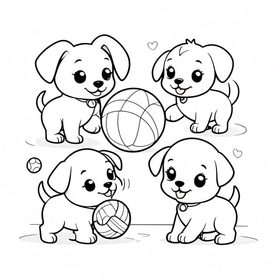 'Puppy Playtime' captures the essence of joy and playfulness through a scene of cute cartoon puppies engaging with a ball. Their varied expressions and dynamic poses invite viewers into a world of innocence and fun, where every moment is an adventure. This coloring page is designed to spark creativity and bring a smile to anyone who colors it, reflecting the simple pleasures of play. The focus on the puppies and their interaction with the ball creates a lively and engaging coloring experience, perfect for all ages who love animals and appreciate the charm of playful puppies.