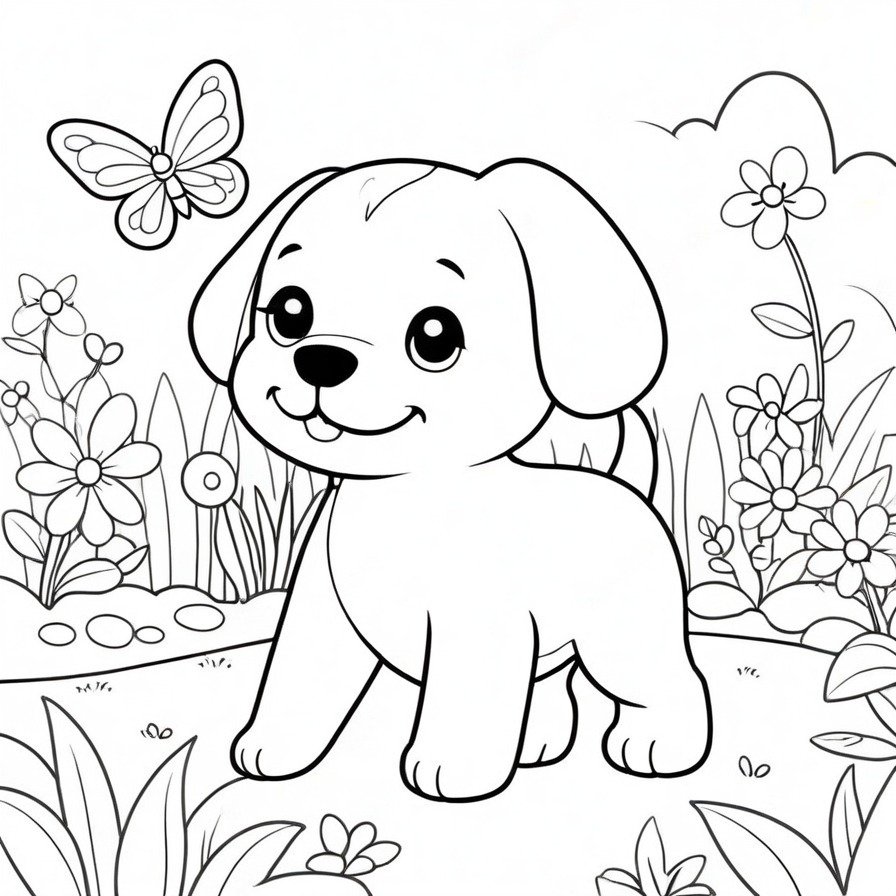 'Puppy's First Adventure' takes us on a delightful journey through the eyes of a curious puppy exploring a garden for the first time. Its wide-eyed wonder and the simplicity of its discoveries invite colorists into a world where every leaf and butterfly holds a story. This coloring page is designed to inspire creativity and a sense of adventure, making it an ideal canvas for those who love animals and nature. By focusing on the puppy's exploration and minimizing the garden details, this scene encourages a playful and imaginative coloring experience, suitable for colorists of all ages looking to bring their own vision of a puppy's adventure to life.