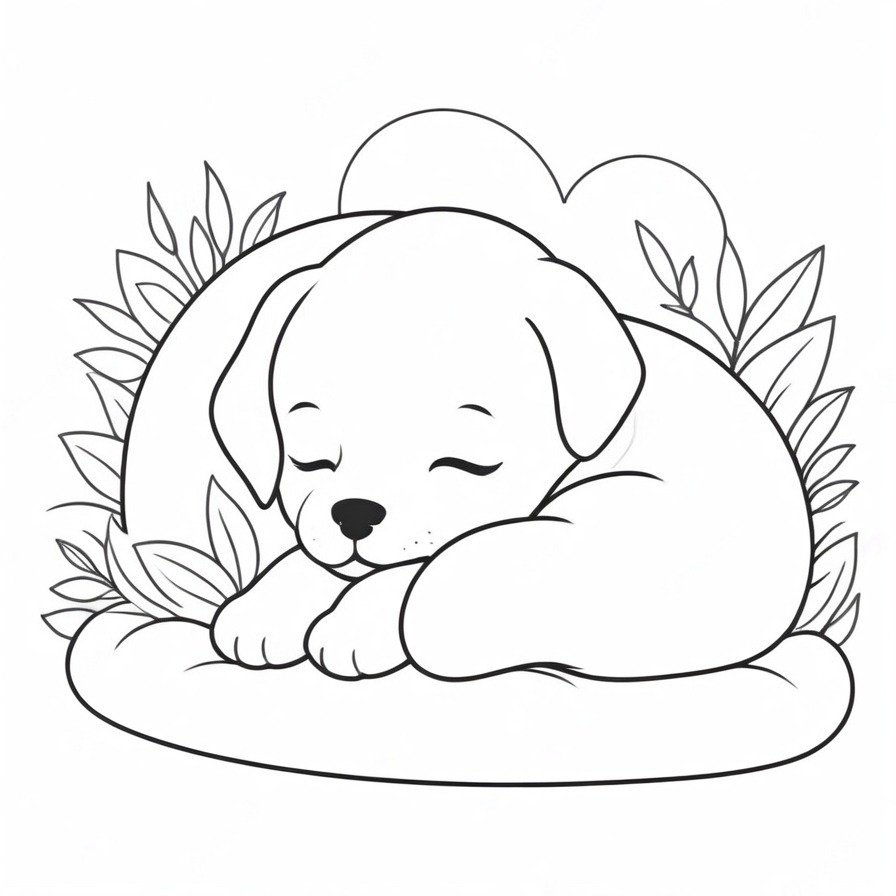 'Puppy's Quiet Corner' takes us into the tender world of a dreaming puppy, providing a heartwarming glimpse into its peaceful slumber. The artistic focus on the puppy, complemented by the sparse background, creates a compelling contrast that draws viewers into the scene. This coloring page is not just an invitation to color but to connect with the serene and dreamy essence of puppyhood. It's a canvas that beckons colorists to add depth and warmth to the puppy's quiet moment, fostering a sense of calm and creativity. Ideal for individuals of all ages, this image serves as a gentle reminder of the soothing simplicity of life, offering a momentary escape into the sweetness of a puppy's dreams.