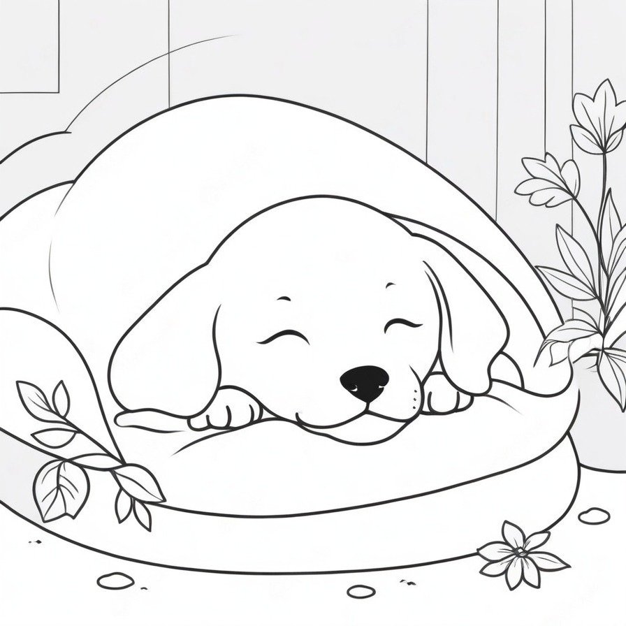 'Puppy's Quiet Corner' takes us into the tender world of a dreaming puppy, providing a heartwarming glimpse into its peaceful slumber. The artistic focus on the puppy, complemented by the sparse background, creates a compelling contrast that draws viewers into the scene. This coloring page is not just an invitation to color but to connect with the serene and dreamy essence of puppyhood. It's a canvas that beckons colorists to add depth and warmth to the puppy's quiet moment, fostering a sense of calm and creativity. Ideal for individuals of all ages, this image serves as a gentle reminder of the soothing simplicity of life, offering a momentary escape into the sweetness of a puppy's dreams.