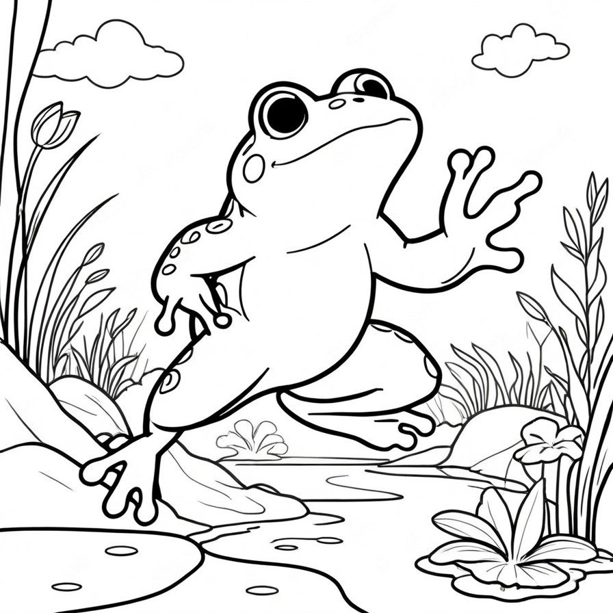 'The Explorer' vividly brings to life the adventurous spirit of a frog in mid-leap, embarking on a journey of discovery. This scene, set against the backdrop of a simplified, biodiverse habitat, captures the essence of exploration and the dynamic beauty of nature. The frog's eager posture and the suggestion of a vast world to explore invite colorists to venture into the unknown, armed with their creativity. Perfect for those fascinated by the natural world and its inhabitants, this coloring page offers a dynamic portrayal of the frog's lively spirit and the endless possibilities that lie in the leap towards adventure.