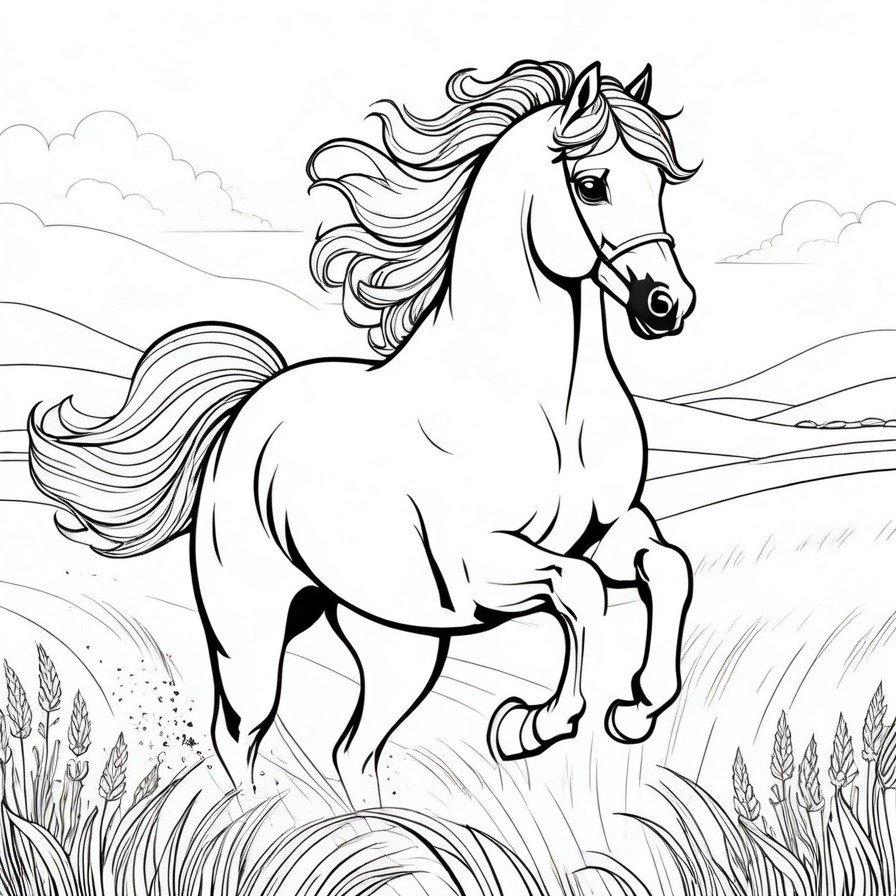 'The Majestic Gallop' portrays the breathtaking beauty and power of a horse in full gallop, a moment that captures the essence of freedom and grace. The horse's flowing mane, muscular build, and focused gaze convey a sense of strength and elegance, set against the backdrop of an open field. This scene invites colorists to explore the dynamic beauty of horses, offering a canvas that celebrates their connection with nature. Perfect for all who admire the majestic spirit of horses, this coloring page provides an opportunity to bring to life the grace and power of these magnificent animals in their natural setting.