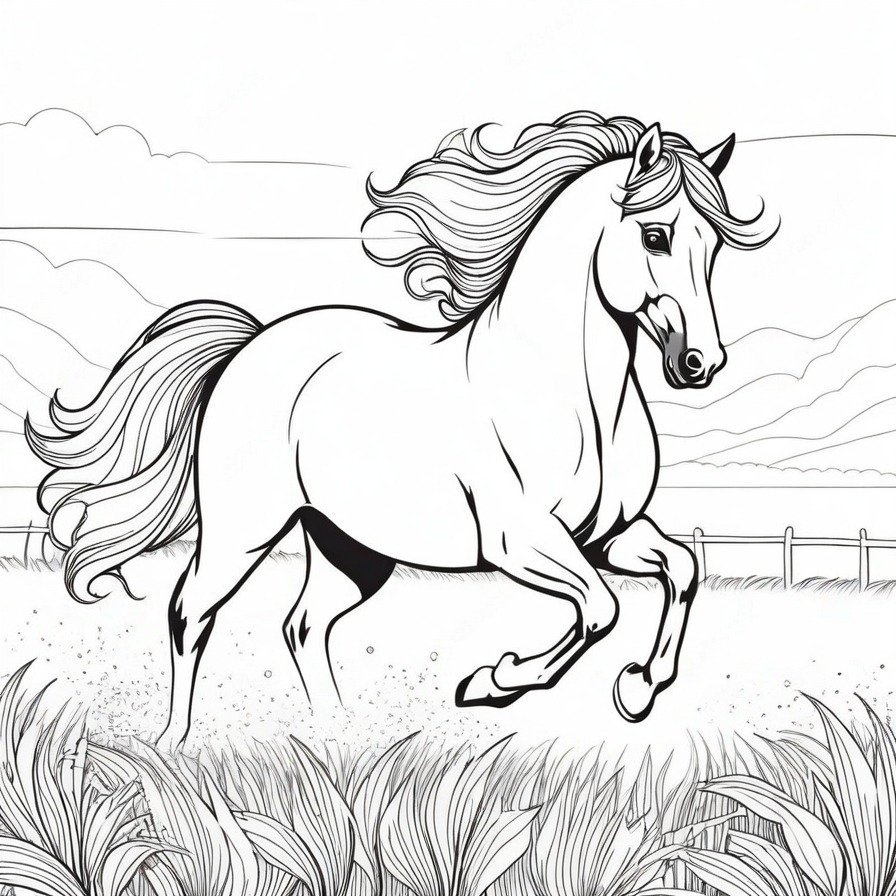 'The Majestic Gallop' portrays the breathtaking beauty and power of a horse in full gallop, a moment that captures the essence of freedom and grace. The horse's flowing mane, muscular build, and focused gaze convey a sense of strength and elegance, set against the backdrop of an open field. This scene invites colorists to explore the dynamic beauty of horses, offering a canvas that celebrates their connection with nature. Perfect for all who admire the majestic spirit of horses, this coloring page provides an opportunity to bring to life the grace and power of these magnificent animals in their natural setting.