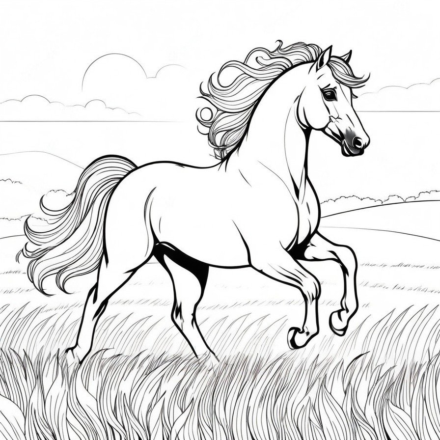 'The Majestic Gallop' portrays the breathtaking beauty and power of a horse in full gallop, a moment that captures the essence of freedom and grace. The horse's flowing mane, muscular build, and focused gaze convey a sense of strength and elegance, set against the backdrop of an open field. This scene invites colorists to explore the dynamic beauty of horses, offering a canvas that celebrates their connection with nature. Perfect for all who admire the majestic spirit of horses, this coloring page provides an opportunity to bring to life the grace and power of these magnificent animals in their natural setting.