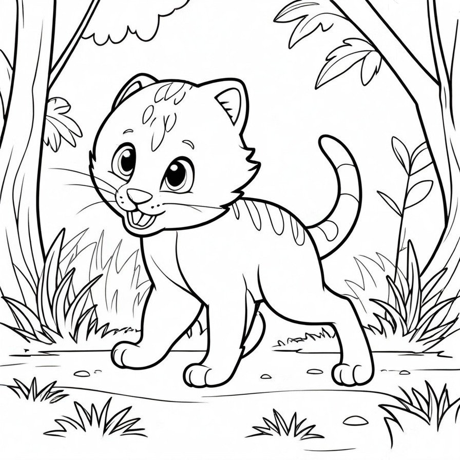 'The Playful Pounce' captures the innocence and curiosity of a young carnivore as it embarks on the journey of learning through play. The cub's wide eyes and enthusiastic leap reflect the joy and excitement of discovering its instincts and abilities. This scene, set against the backdrop of a simple, natural habitat, invites colorists to explore the charming side of carnivorous animals, highlighting the universal playfulness of young creatures. Perfect for those who appreciate the beauty and innocence of wildlife, this coloring page offers a glimpse into the playful beginnings that shape the skills of nature's predators.