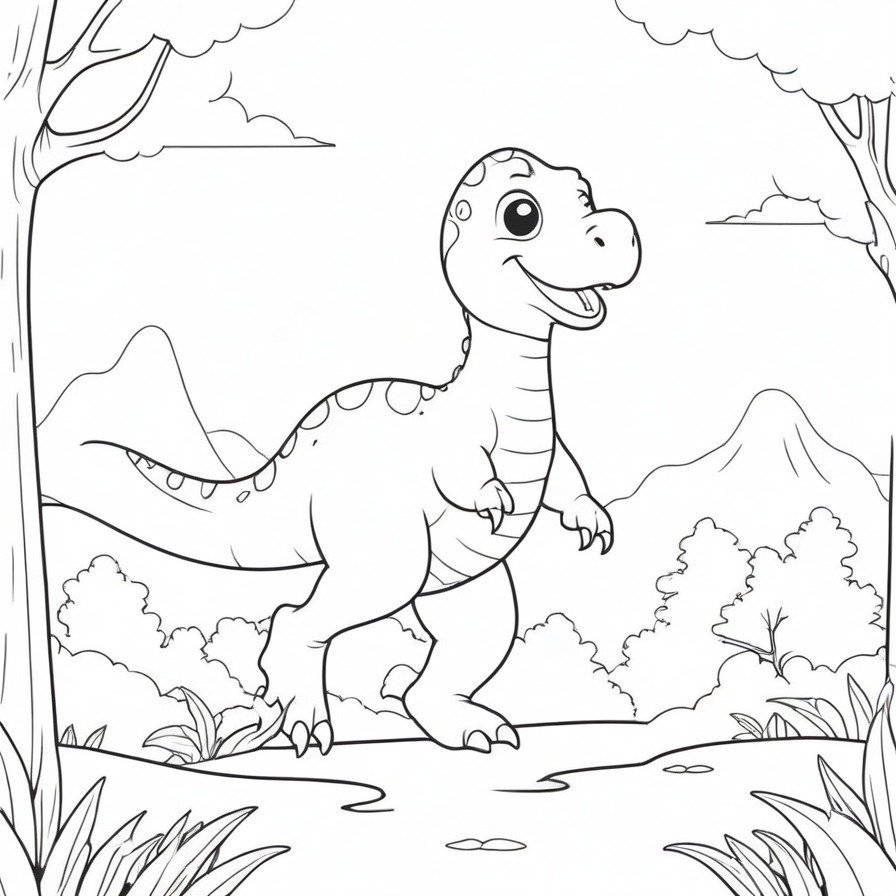 The 'Twilight Hop of the Gentle Giant' transports viewers to a tranquil moment in prehistoric times, where a serene dinosaur takes a graceful leap against the twilight sky. This scene, ripe for coloring, offers a peaceful retreat into the natural world, inviting creativity to blossom.