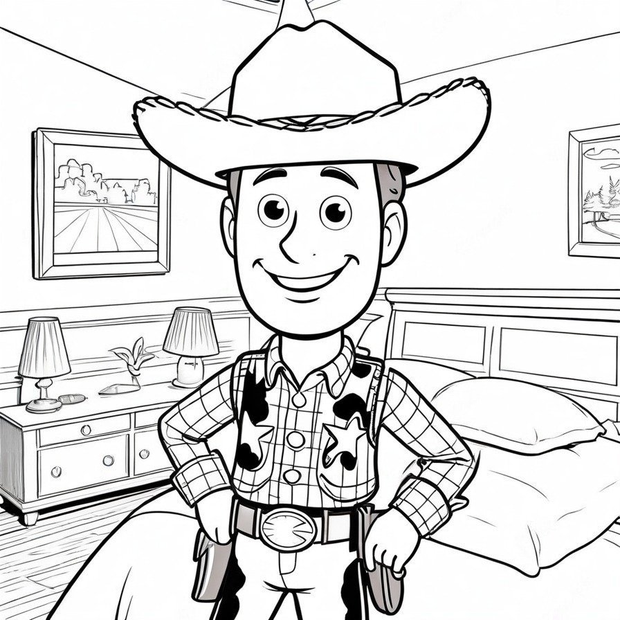 'Woody's Adventure' brings to life the iconic cowboy from Toy Story, Woody, in a moment that captures his friendly and courageous spirit. With a tip of his hat and a confident smile, Woody invites fans into a world of imagination and loyalty. The backdrop of Andy's room adds a touch of familiarity, making this a perfect scene for Toy Story enthusiasts to color and enjoy. This piece strikes a balance between simplicity and nostalgia, offering a delightful coloring challenge for all ages.