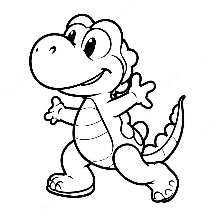 Yoshi in whole figure centered in picture. Only black and white. White background