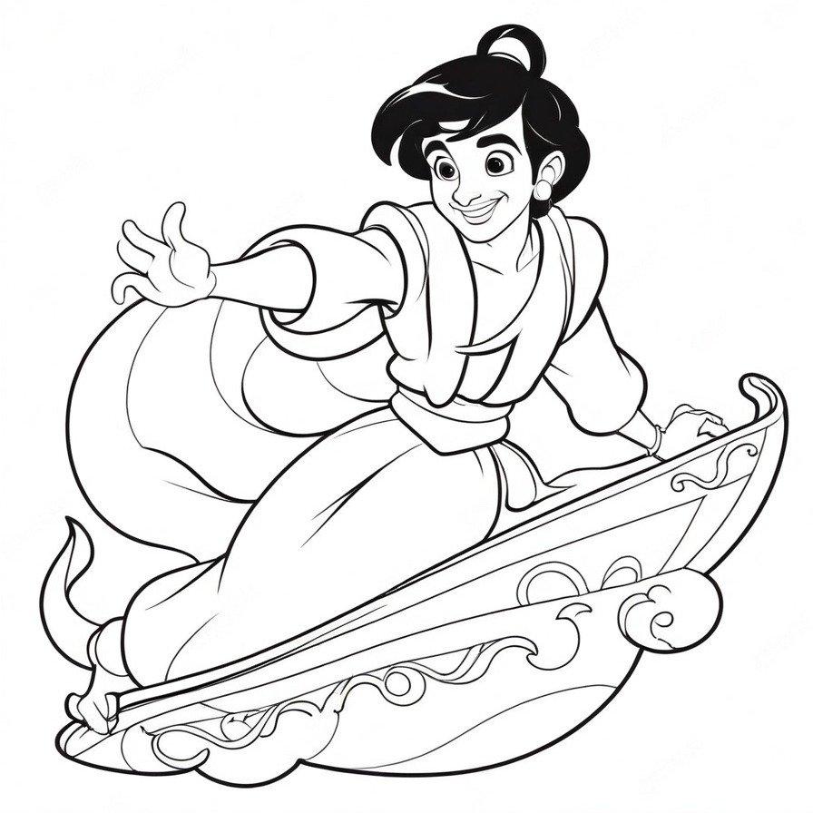 Take flight with 'Adventurous Aladdin,' a coloring page depicting the thrilling ride above the enchanting city, inviting imaginations to soar.