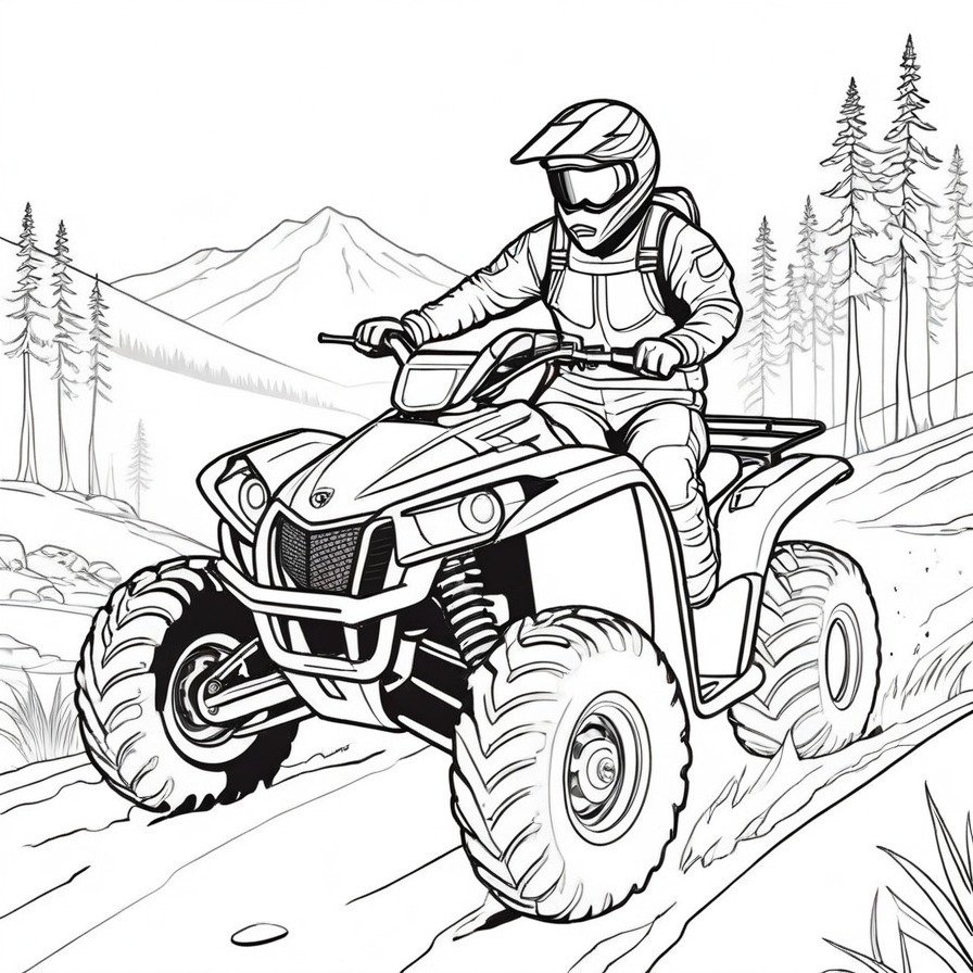 Explore the wild with 'Adventurous Four Wheeler,' a coloring page that invites thrill-seekers to color the excitement of off-road exploration and the rugged beauty of untamed nature.