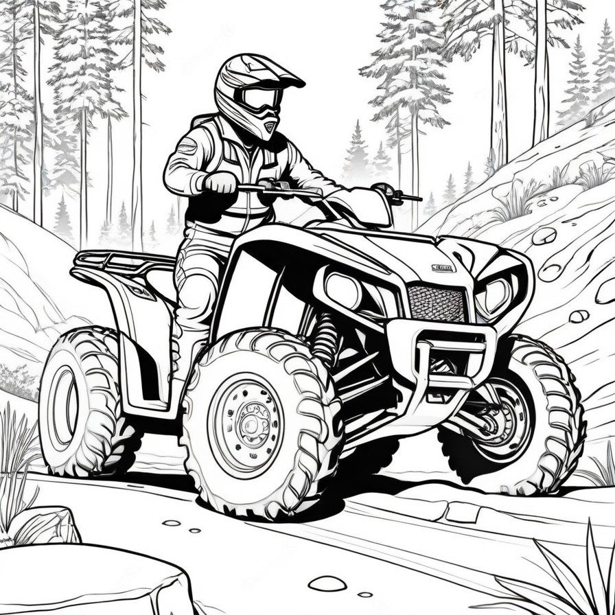 Explore the wild with 'Adventurous Four Wheeler,' a coloring page that invites thrill-seekers to color the excitement of off-road exploration and the rugged beauty of untamed nature.