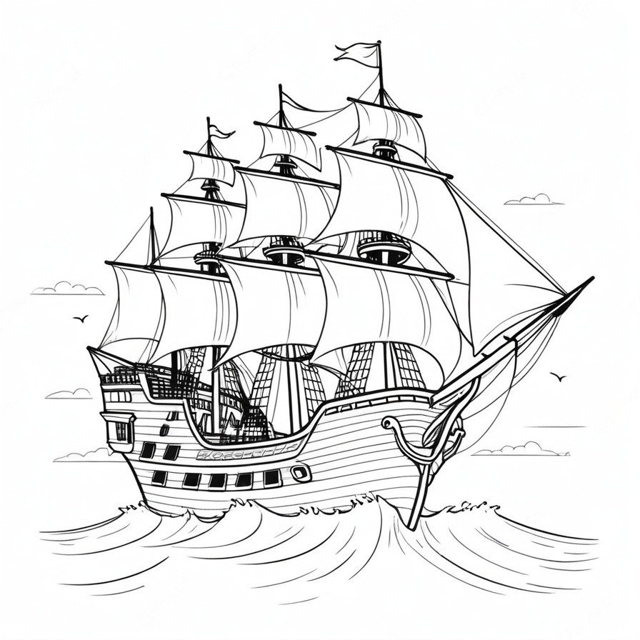 'Adventurous Pirate Ship' sets the scene for an epic journey across the vast ocean, embodying the spirit of adventure and the allure of the unknown. The depiction of the pirate ship, with its sails catching the wind, invites colorists to embark on their own creative voyage, adding depth and emotion to the high seas adventure. This piece captures the essence of pirate tales, offering a canvas that is both exciting to color and rich in storytelling potential. For enthusiasts of piracy and maritime adventures, it provides a unique opportunity to dive into the world of seafaring legends, making it a captivating addition to any coloring book collection. The focus on the pirate ship against the backdrop of the open sea creates a compelling narrative, inviting artists of all ages to explore the freedoms and challenges of life on the ocean wave.