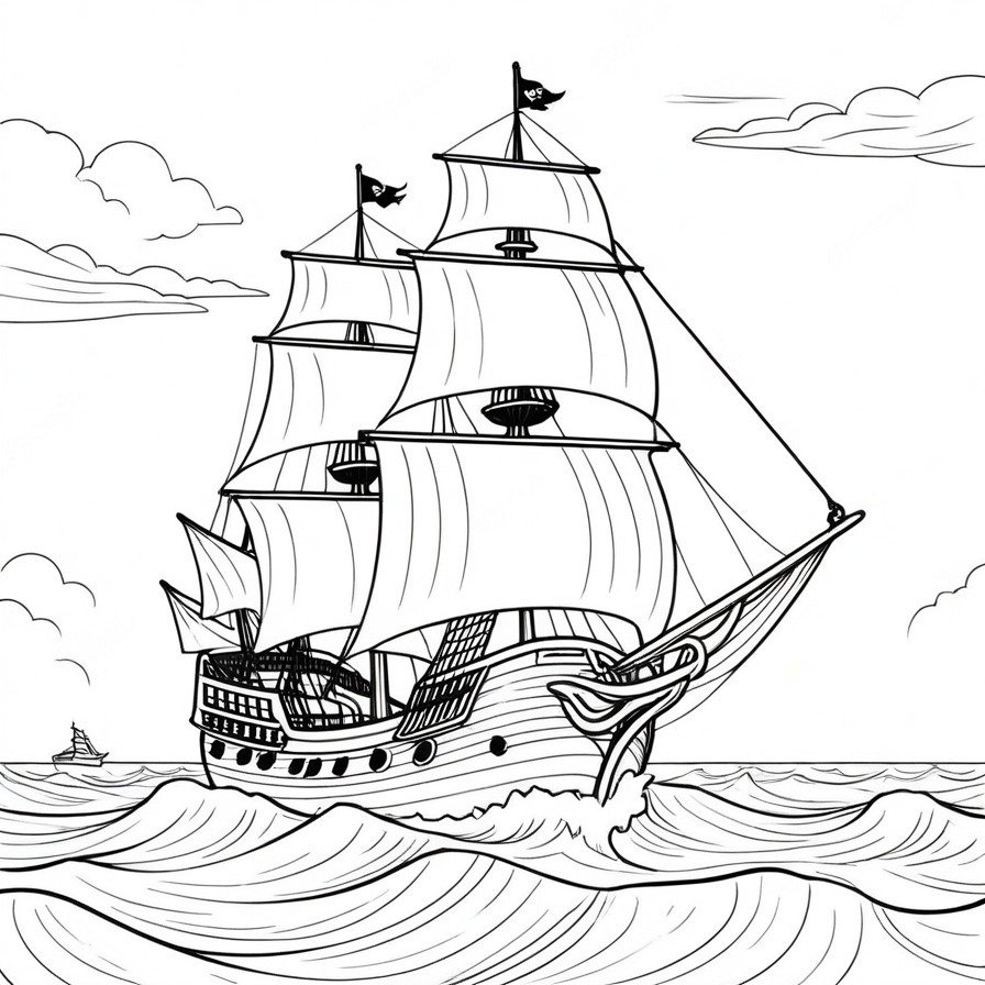 'Adventurous Pirate Ship' sets the scene for an epic journey across the vast ocean, embodying the spirit of adventure and the allure of the unknown. The depiction of the pirate ship, with its sails catching the wind, invites colorists to embark on their own creative voyage, adding depth and emotion to the high seas adventure. This piece captures the essence of pirate tales, offering a canvas that is both exciting to color and rich in storytelling potential. For enthusiasts of piracy and maritime adventures, it provides a unique opportunity to dive into the world of seafaring legends, making it a captivating addition to any coloring book collection. The focus on the pirate ship against the backdrop of the open sea creates a compelling narrative, inviting artists of all ages to explore the freedoms and challenges of life on the ocean wave.