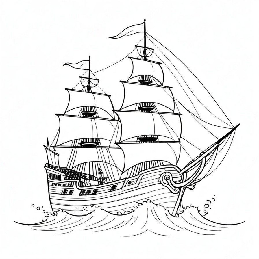 'Adventurous Pirate Ship' sets the scene for an epic journey across the vast ocean, embodying the spirit of adventure and the allure of the unknown. The depiction of the pirate ship, with its sails catching the wind, invites colorists to embark on their own creative voyage, adding depth and emotion to the high seas adventure. This piece captures the essence of pirate tales, offering a canvas that is both exciting to color and rich in storytelling potential. For enthusiasts of piracy and maritime adventures, it provides a unique opportunity to dive into the world of seafaring legends, making it a captivating addition to any coloring book collection. The focus on the pirate ship against the backdrop of the open sea creates a compelling narrative, inviting artists of all ages to explore the freedoms and challenges of life on the ocean wave.