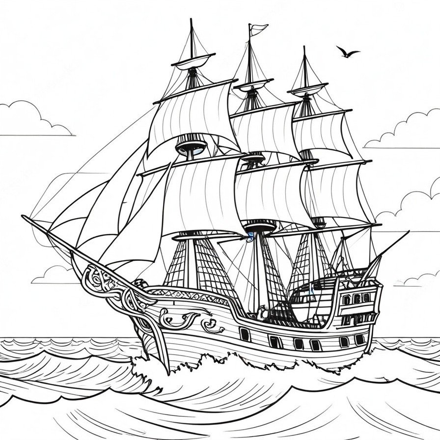 'Adventurous Pirate Ship' sets the scene for an epic journey across the vast ocean, embodying the spirit of adventure and the allure of the unknown. The depiction of the pirate ship, with its sails catching the wind, invites colorists to embark on their own creative voyage, adding depth and emotion to the high seas adventure. This piece captures the essence of pirate tales, offering a canvas that is both exciting to color and rich in storytelling potential. For enthusiasts of piracy and maritime adventures, it provides a unique opportunity to dive into the world of seafaring legends, making it a captivating addition to any coloring book collection. The focus on the pirate ship against the backdrop of the open sea creates a compelling narrative, inviting artists of all ages to explore the freedoms and challenges of life on the ocean wave.