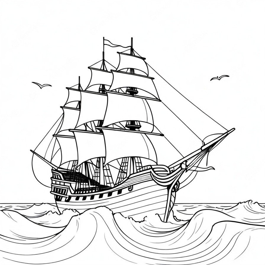 'Adventurous Pirate Ship' sets the scene for an epic journey across the vast ocean, embodying the spirit of adventure and the allure of the unknown. The depiction of the pirate ship, with its sails catching the wind, invites colorists to embark on their own creative voyage, adding depth and emotion to the high seas adventure. This piece captures the essence of pirate tales, offering a canvas that is both exciting to color and rich in storytelling potential. For enthusiasts of piracy and maritime adventures, it provides a unique opportunity to dive into the world of seafaring legends, making it a captivating addition to any coloring book collection. The focus on the pirate ship against the backdrop of the open sea creates a compelling narrative, inviting artists of all ages to explore the freedoms and challenges of life on the ocean wave.