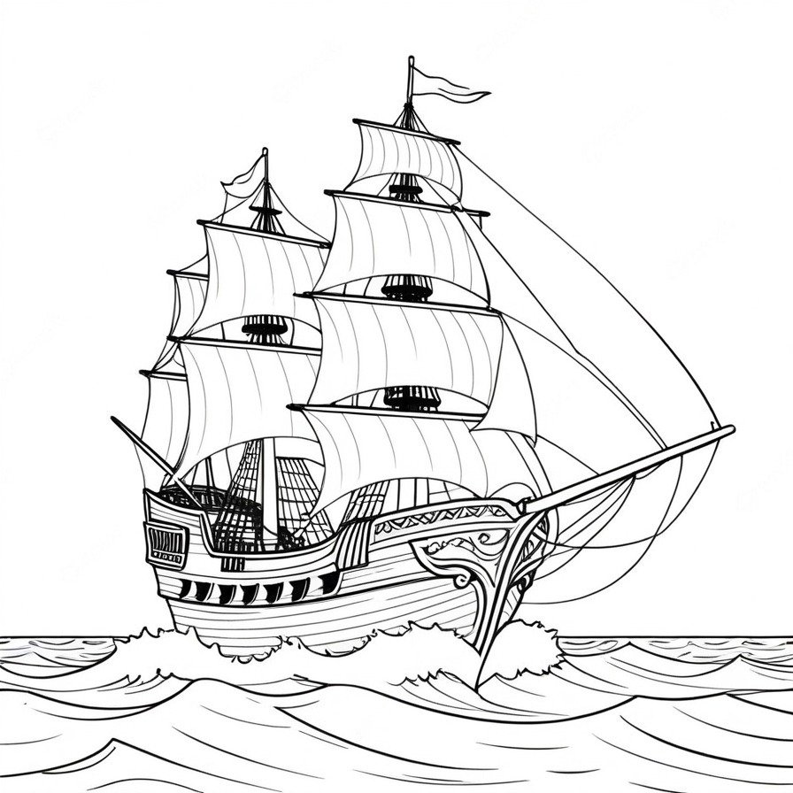 'Adventurous Pirate Ship' sets the scene for an epic journey across the vast ocean, embodying the spirit of adventure and the allure of the unknown. The depiction of the pirate ship, with its sails catching the wind, invites colorists to embark on their own creative voyage, adding depth and emotion to the high seas adventure. This piece captures the essence of pirate tales, offering a canvas that is both exciting to color and rich in storytelling potential. For enthusiasts of piracy and maritime adventures, it provides a unique opportunity to dive into the world of seafaring legends, making it a captivating addition to any coloring book collection. The focus on the pirate ship against the backdrop of the open sea creates a compelling narrative, inviting artists of all ages to explore the freedoms and challenges of life on the ocean wave.