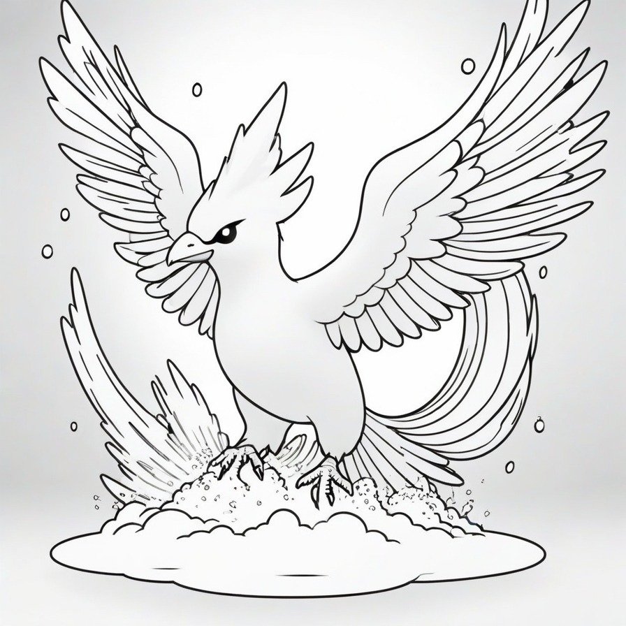 Witness 'Articuno's Icy Gaze,' a captivating portrayal of Articuno harnessing its ice powers to command the weather. This coloring page invites fans to explore the elemental beauty and power of this legendary ice/flying-type Pokémon, providing a mesmerizing and chilling coloring experience.