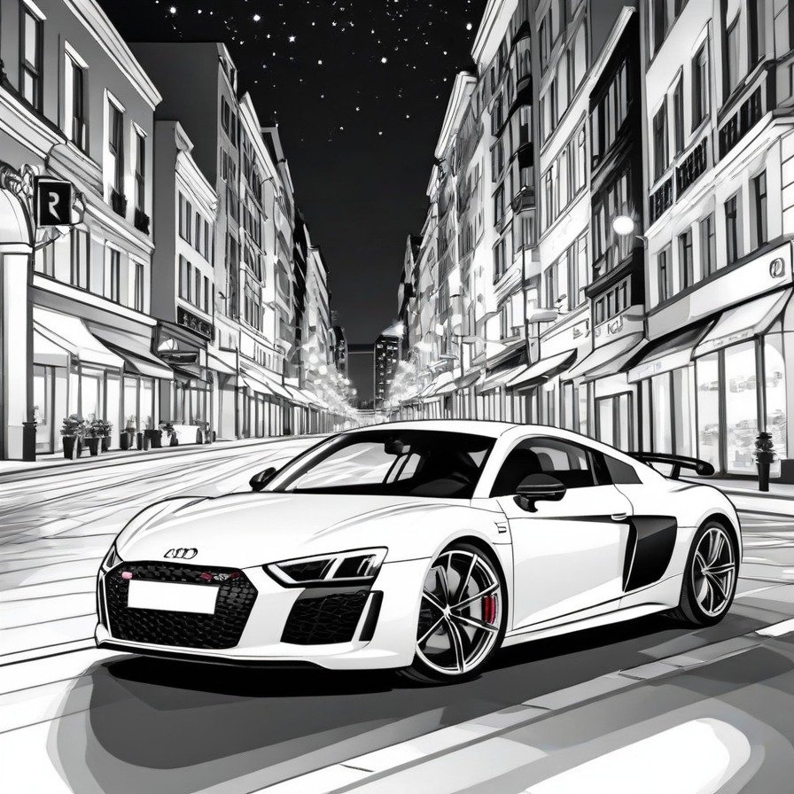 'Audi R8 Night Drive' offers a glimpse into the thrill of driving a high-performance German sports car through a bustling urban environment. This coloring page is designed for those who appreciate contemporary car design and the excitement of night driving.