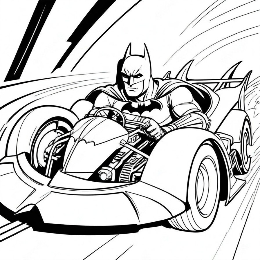 Dive into the action with 'Batman in the Batmobile,' a coloring page that captures the thrill of Gotham’s hero speeding through the night. This artwork focuses on the dynamic angle of Batman at the wheel, with a simplified background to emphasize the high-speed chase. Ideal for fans of all ages, this coloring page offers a straightforward but exciting challenge, inviting artists to explore their creativity as they bring the scene to life with bold, striking lines. The simplicity of the design ensures a fun and accessible coloring experience, perfect for both beginners and seasoned colorists.