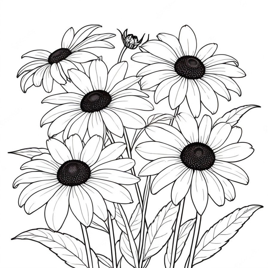 Step into a meadow with 'Black-eyed Susan's Charm,' a coloring page that captures the essence of wildflower fields, perfect for those who find joy in the simple beauty of nature.