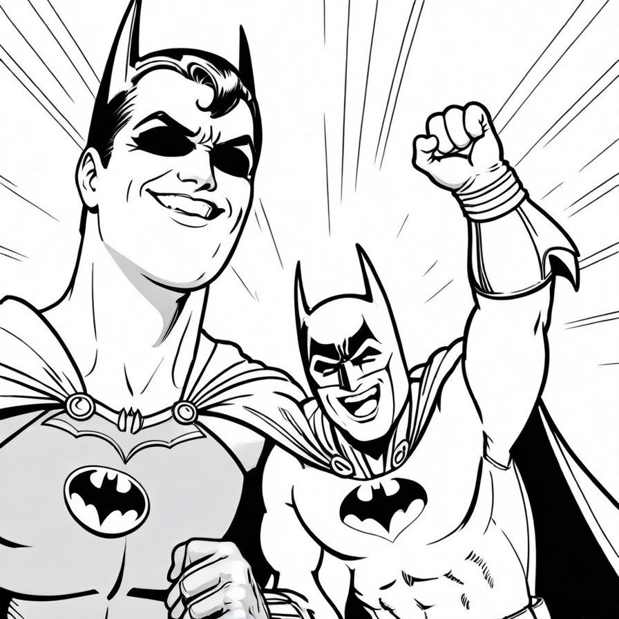 Experience a different side of Gotham's hero with our 'Celebrating Victory' coloring page, where Batman is seen in a rare moment of joy. This scene captures a relaxed and smiling Batman, enjoying a brief respite after a hard-fought victory. The simple yet expressive lines of the drawing make it an ideal choice for those looking to add a personal touch to a less common depiction of Batman. This coloring page is perfect for fans who appreciate the emotional depth of their favorite superhero, providing an opportunity to explore a lighter, celebratory moment in Batman's often intense life.