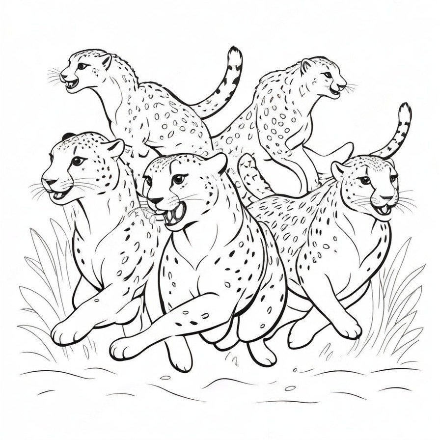 Experience the thrill of the 'Cheetah Chase' as these swift animals race across the page. Their streamlined forms and focused gazes invite a vibrant display of movement in monochrome.