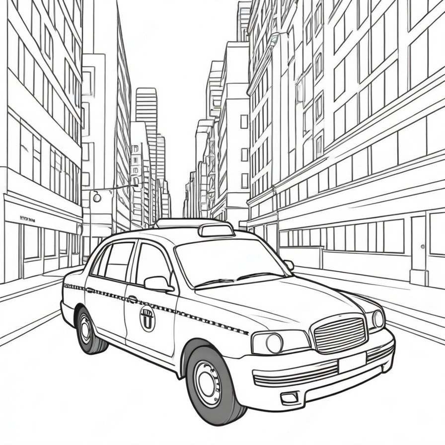 Navigate the urban landscape with 'Efficient Taxi Service,' a coloring page capturing the hustle of city life and the essential role of taxis in keeping the city moving.