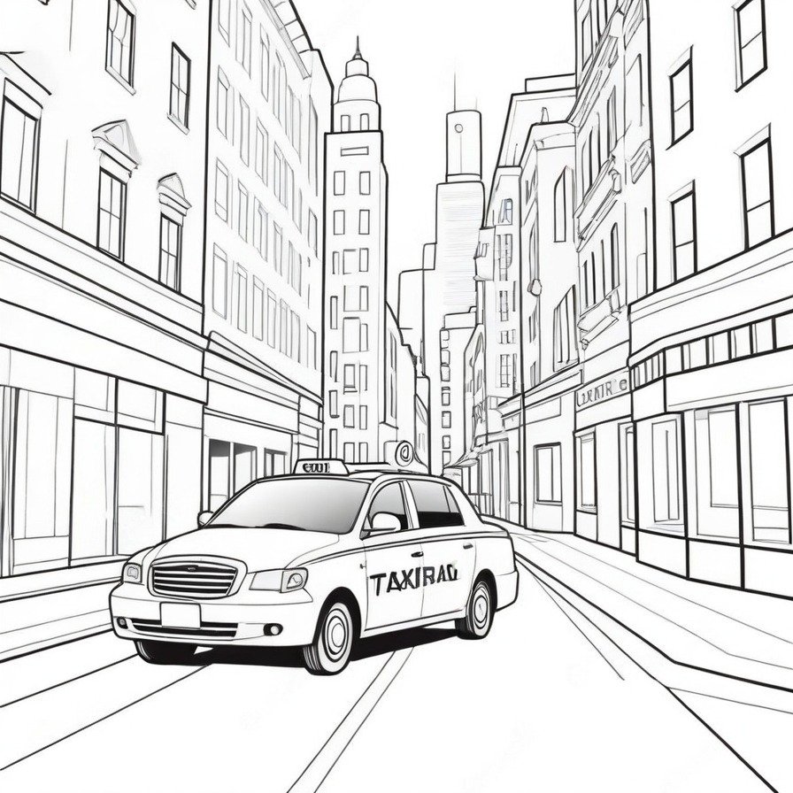 Navigate the urban landscape with 'Efficient Taxi Service,' a coloring page capturing the hustle of city life and the essential role of taxis in keeping the city moving.