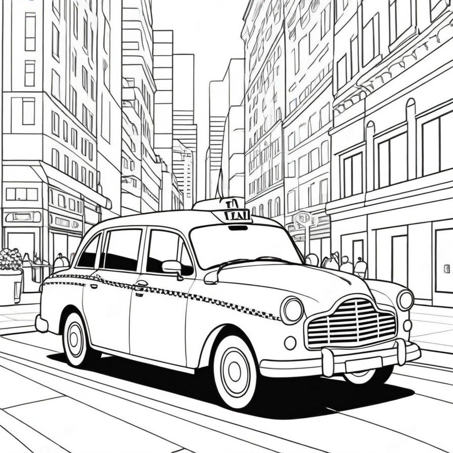 Navigate the urban landscape with 'Efficient Taxi Service,' a coloring page capturing the hustle of city life and the essential role of taxis in keeping the city moving.