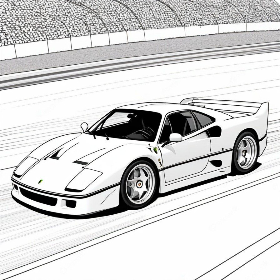 'Ferrari F40 at Full Throttle' depicts the iconic speed and aggressive styling of the Ferrari F40. This coloring page is perfect for car enthusiasts and collectors, offering a dynamic and exciting scene to bring to life with shades of grey.