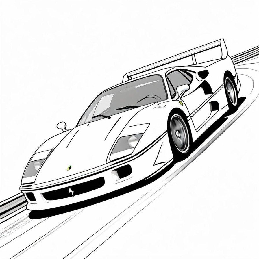 'Ferrari F40 at Full Throttle' depicts the iconic speed and aggressive styling of the Ferrari F40. This coloring page is perfect for car enthusiasts and collectors, offering a dynamic and exciting scene to bring to life with shades of grey.