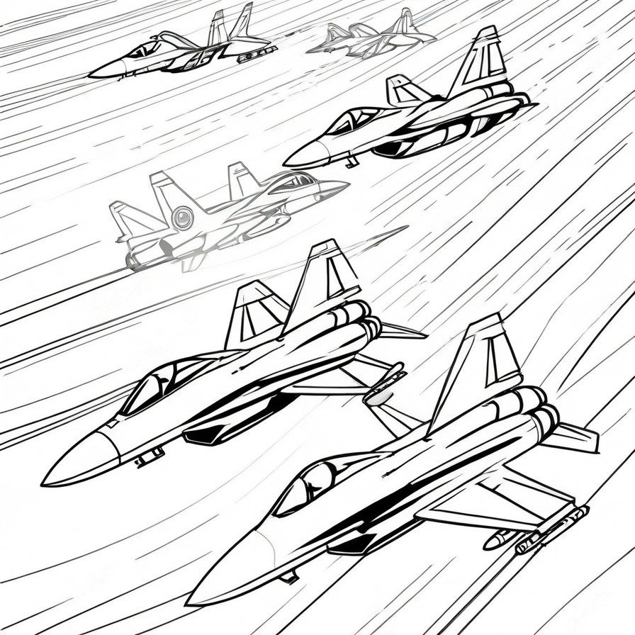 'Fighter Jet Formation' brings the thrill of aerial agility to the coloring book, inviting one to trace the swift paths of fighter jets as they cut through the skies in perfect unison.