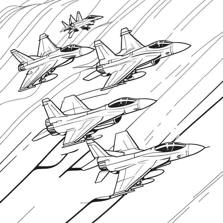 'Fighter Jet Formation' brings the thrill of aerial agility to the coloring book, inviting one to trace the swift paths of fighter jets as they cut through the skies in perfect unison.