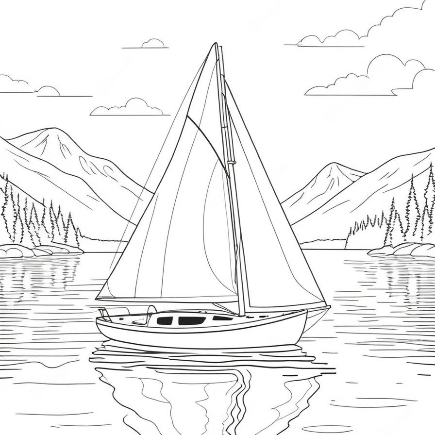 Set sail on a tranquil journey with 'Gentle Sailboat Cruise,' a coloring page that evokes the peacefulness of sailing on a still lake, perfect for coloring enthusiasts seeking a serene escape.