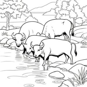 Grazing Buffaloes By The River