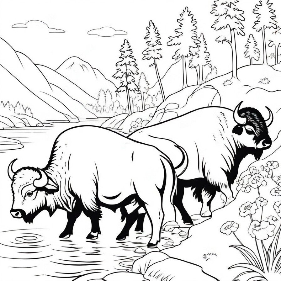 Experience the grandeur of the prairie with 'Grazing Buffaloes by the River,' a coloring page that depicts the robust and serene life of buffalo herds as they feed by the water's edge, a tranquil scene for coloring enthusiasts.