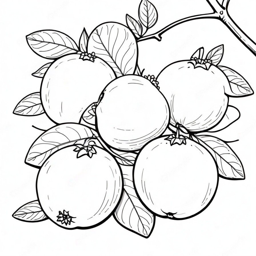 Explore 'Guava's Tropical Haven,' a coloring page featuring the exotic guava fruit, evoking images of warm, sunny climates where these fruits are a common delight.